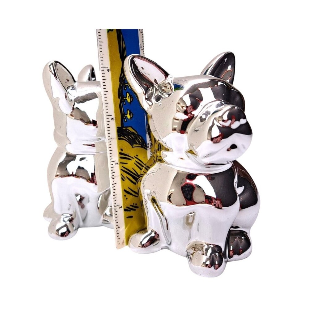 French Bulldog Figurine Set Of 2 Frenchie Dog Puppy Ceramic Silver Mirror Chrome - Picture 6 of 11